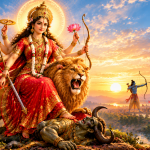 Durga’s Golden Victory at Sunset